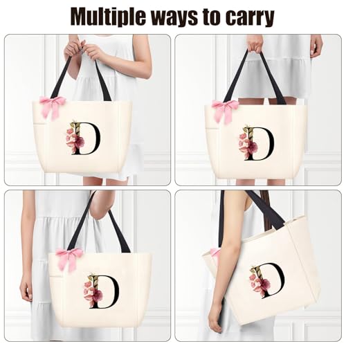 Tote Bag, A-Z Initial Monogrammed Waterproof Tote Bag, Bridesmaid Gifts for Women, Black and Pink (D, Beige)
