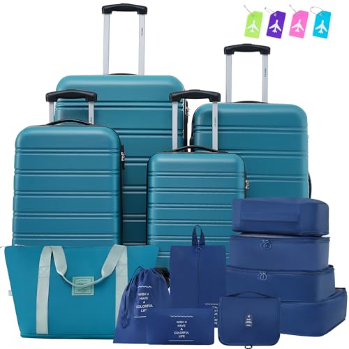 Luggage sets of 13 Piece 16 20 20 28 IN Carry on Luggage Hard Case Green Luggage Expandable Checked Luggage Suitcase Set with Wheels