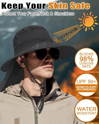 Outdoor Sun Hats with Stowable Neck Flap for Men Women UPF 50+ Mesh Summer Bucket Hat Wide Brim for Fishing Safari Hiking Black