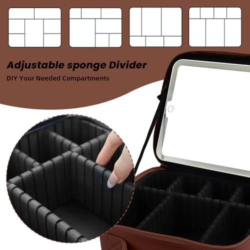 Travel Makeup Bag with LED Mirror and Light Travel Makeup Case Cosmetic Organizer Portable Cosmetic Brush Organizer Bag with Adjustable Dividers for Cosmetics Makeup Brushes Toiletry