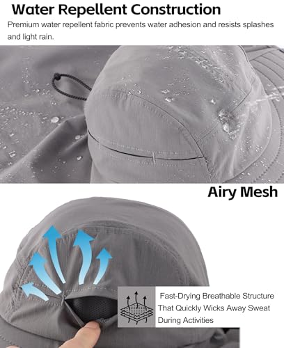 UPF 80+ Sun Hat for Men Women Wide Brim Sun Hat with Neck Flap UV Protection Safari Beach Bucket Fishing Hat Dark Grey