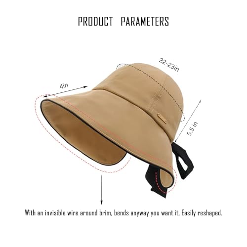 Wide Brim Hats for Woman Foldable Hats Sun Hats for Women uv Protection Bowknot Bucket hat Adjustable hat with Ponytail Hole Khaki