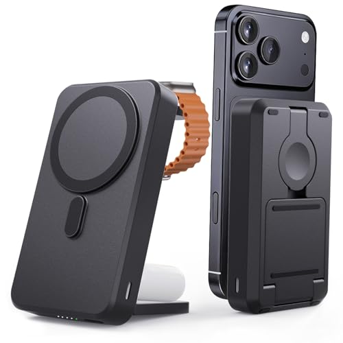 5-in-1 Portable Charger,10000mAh Foldable Power Bank Fast Charging,MagSafe Charger Battery Pack Magnetic,Travel Wireless Charging Station for iPhone 17/16/15/14/13/12,iWatch,Air pods, Black