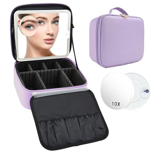 Travel Makeup Bag with LED Mirror and 10x magnifying glass with 3 Lighted Settings