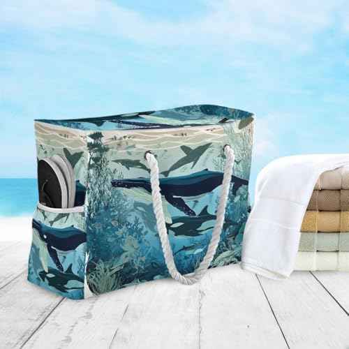 Large Beach Bags Totes Canvas Tote Shoulder Bag Soft Wave Water Resistant Bags for Gym Travel Daily Ocean