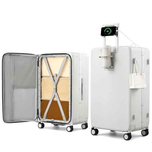 28 Inch Top Opening Checked Luggage with Cup Holder and USB Ports