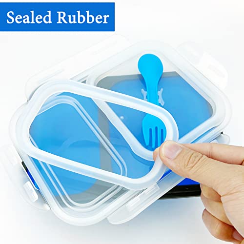 2 Compartments Collapsible Airtight Bento Box with Ideal Portion 600ml & 450ml and 2 in 1 Spoon & Fork