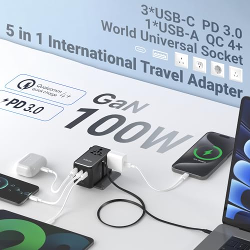100W Universal Travel Adapter with Retractable USB C Cable