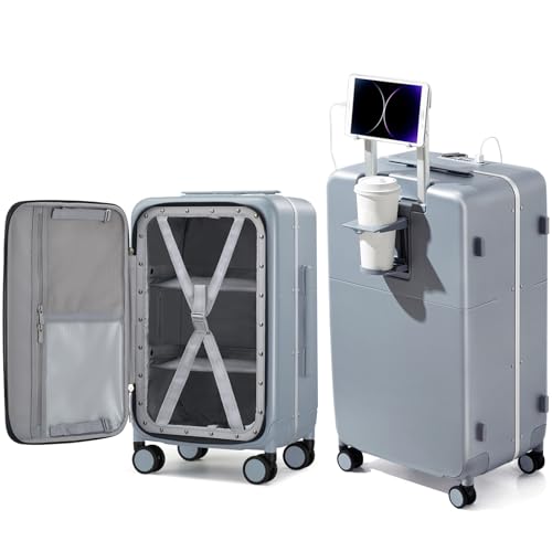 28 Inch Checked Luggage with Cup Holder and USB Ports