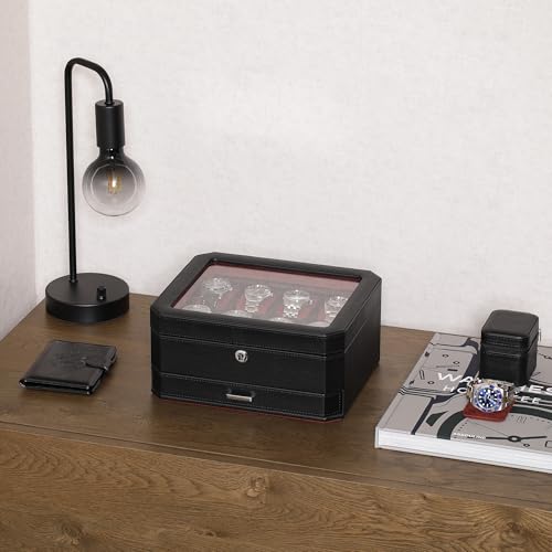 8 Slot Leather Watch Box with Valet Drawer