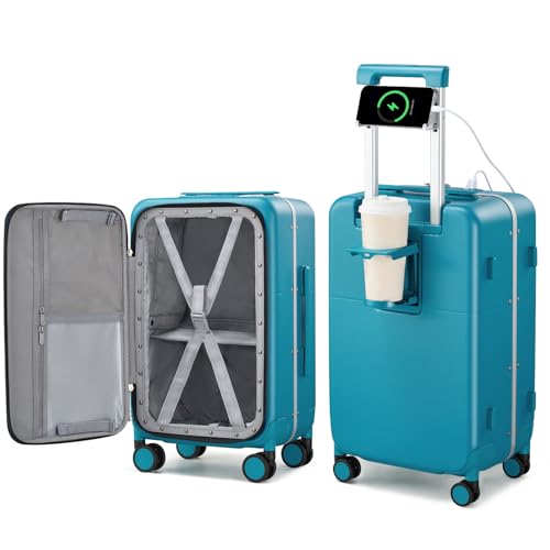 24 Inch Checked Luggage with Cup Holder and USB Ports
