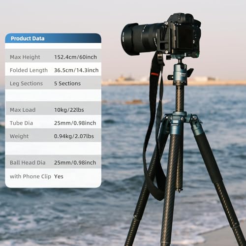 62 Inch Carbon Fiber Tripod for Camera Ultralight Travel Camera Tripod Max Loads Up 22lbs X