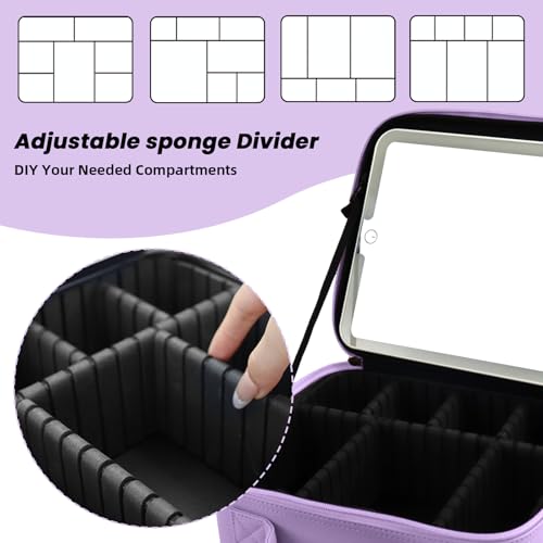 Travel Makeup Bag with LED Mirror and Light Travel Makeup Case Cosmetic Organizer Portable Cosmetic Brush Organizer Bag with Adjustable Dividers for Cosmetics Makeup Brushes Toiletry