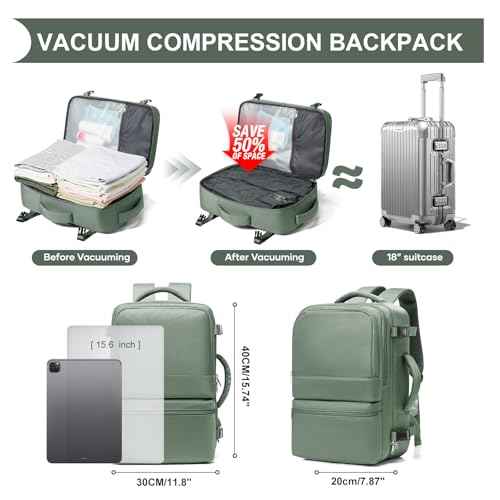 Vacuum Backpack Travel with Pump Vacuum Travel Backpack Carry On Flight Approved Frontier Spirit Airlines Personal Item Bag 18x14x8 Compression Carry On Luggage for Women Men Army Green