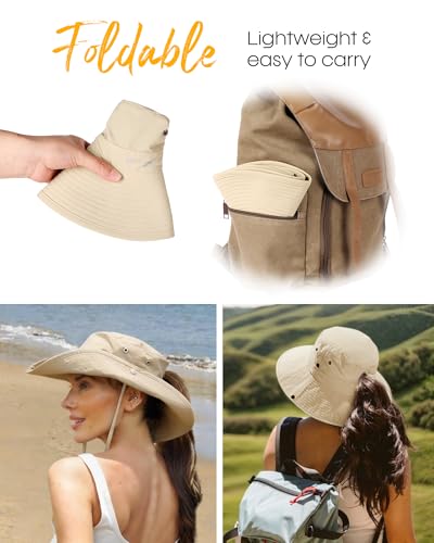 Sun Hats for Women Ponytail Wide Brim Summer Packable Cowboy Hat