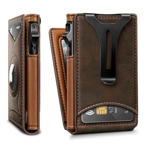 Men Slim Magnetic Leather Airtag Wallet Metal Case Money Clip