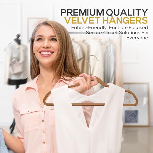 50 Pack New Premium Quality Velvet Hangers Ultra Thin Non Slip Adult Felt Space Saving Hangers for Closet Heavy Duty Coat Pants Jackets Dress Hangers 360° Swivel Hook Hold Upto 10 lbs Bronze (50 Count)