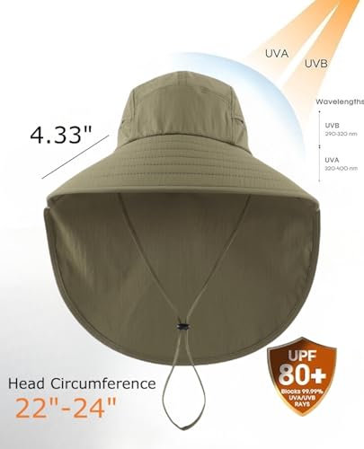 UPF 80+ Sun Hat for Men Women Wide Brim Fishing Hat with Neck Flap Summer Safari UV Protection Bucket Hat Army Green