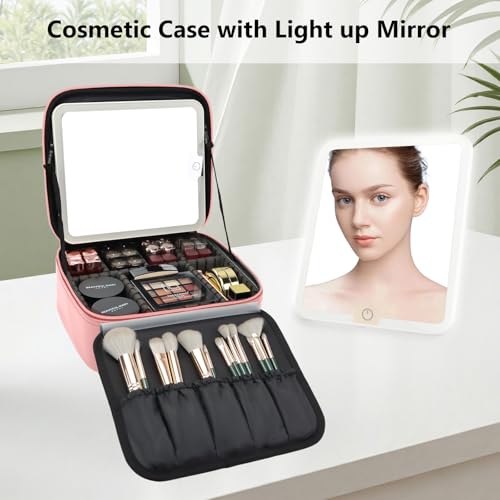 Travel Makeup Bag with LED Mirror Travel Makeup Organizer with 3 Lighted Settings
