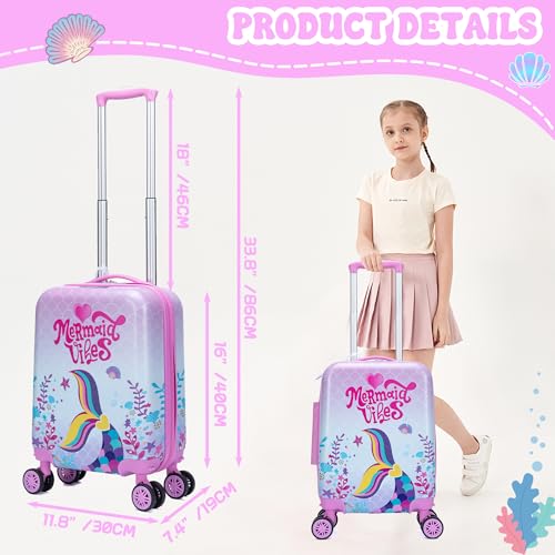 Cute Mermaid Kid’s Luggage Set 2 Piece Suitcase Set 16" Hardside Luggage with Spinner Wheels Girls Carry on Toddler Travel Rolling Luggage Airline Approved (2 Count)