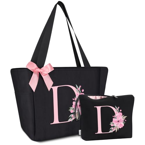 Tote Bag, A-Z Initial Monogrammed Waterproof Tote Bag, Bridesmaid Gifts for Women, Black and Pink (D, Black Set)