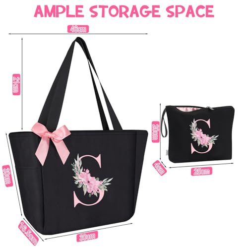 Tote Bag, A-Z Initial Monogrammed Waterproof Tote Bag, Bridesmaid Gifts for Women, Black and Pink (S, Black Set)