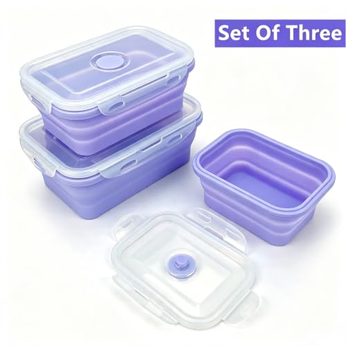 Purple Collapsible Meal Prep Containers Camping Bowls Silicone Bento Box with Airtight Plastic Lid