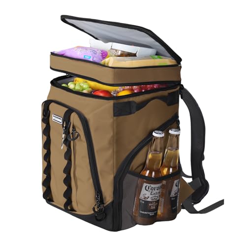 36 Cans Beach Cooler Backpack Insulated Waterproof for Camping Picnic Travel for 18 Hours Lunch Bag for Women Men Insulated Backpack Khaki 30L (36 Count)