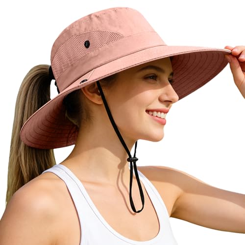 Ponytail Sun Bucket Hats for Women UV Protection Foldable Wide Brim