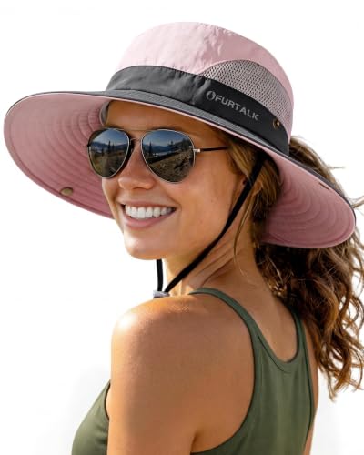 Womens Sun Hat with Ponytail Hole Beach Hiking Summer Wide Brim UPF 50+ Outdoor Protection Foldable Bucket Hat Pink