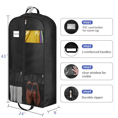 8" Gusseted Heavy Duty Garment Bags for Travel 43"" Suit Bags for Closet Storage Hanging Clothes Bag with Pockets Mens Suit Holder for Shirts