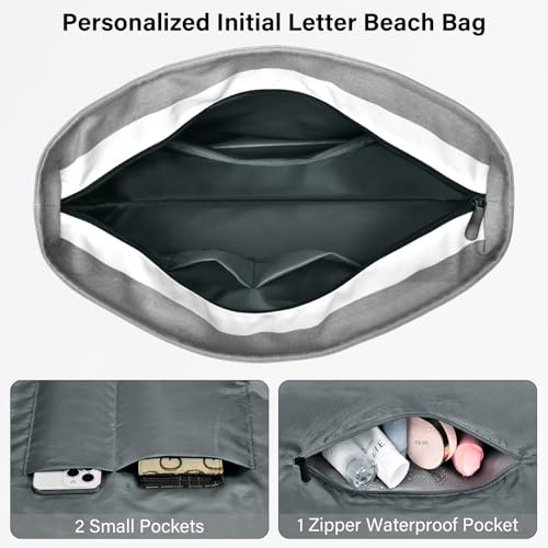 Beach Bag Initial Beach Tote with Makeup Bag for Travel