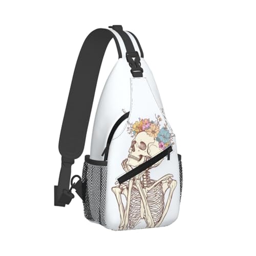 Sling Bag Skeleton Flower Skull Hiking Daypack Crossbody Shoulder Backpack Travel Chest Pack for Men Women