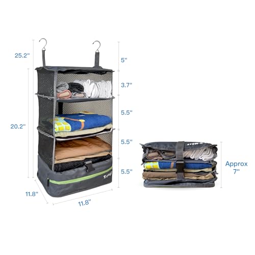 Stow-N-Go Hanging Travel Shelves, Packing Organizer for Luggage. Carry on Closet for Suitcase. Expandable Packing Cube. Travel Essentials. (Dark Gray - L, L = (L) 11.8" x (W) 11.8")
