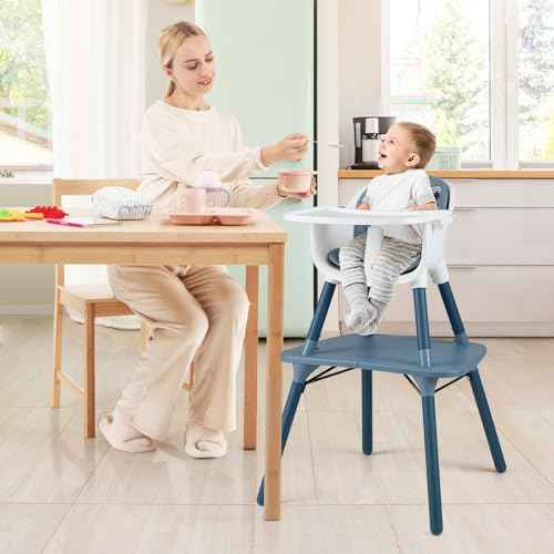 6-in-1 High Chair, Convertible Highchair for Babies and Toddlers/Kids Chair Table Set/Infant Feeding Chair w/Safety Harness, PU Leather Cushion & Removable Food Tray (Blue)