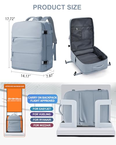 Large Travel Backpack Carry On for Women Man Waterproof Gym Backpack with Laptop Compartment Mochila de Viaje Teacher Personal Item Backpacks Rucksack Airplane Accessories Must Haves Gray Blue