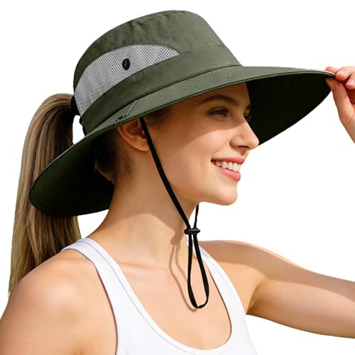 Ponytail Sun Bucket Hats for Women UV Protection Foldable Wide Brim