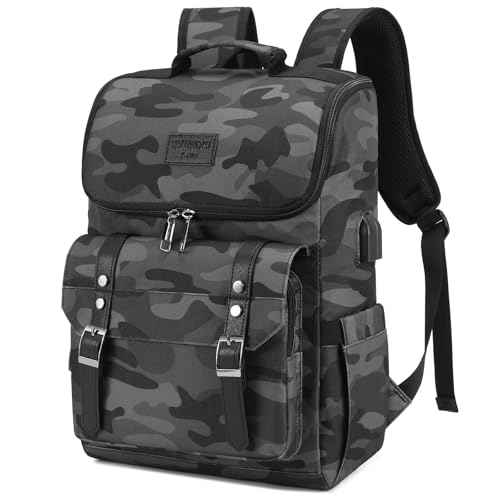 Vintage Backpack Travel Laptop Backpack with usb Charging Port for Women & Men College Backpack Fits 15.6 Inch Laptop Camouflage Gray