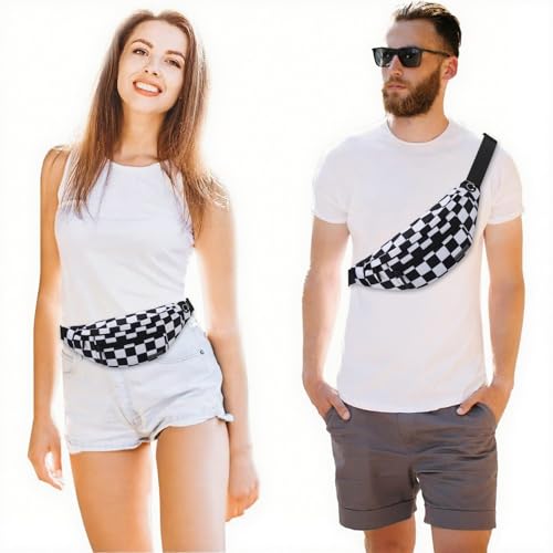 Large Checkered Fanny Pack Crossbody Belt Bag for Shopping Traveling