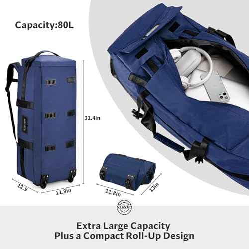 45/80/100L Rolling Duffel Bag with Wheels, Large Durable Travel Duffle + Toiletry Bag, Heavy Duty, Packable, Foldable with Shoulder Straps- Use as Luggage or Backpack, Men/Women (Navy Blue)