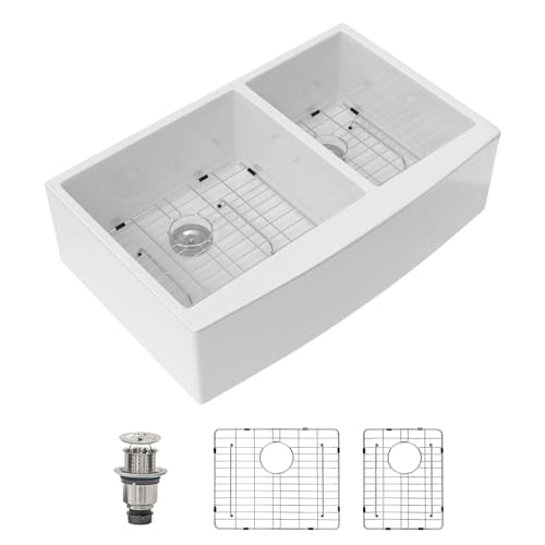 33 In. White Fireclay Farmhouse Sink Curved Apron Front Country Style