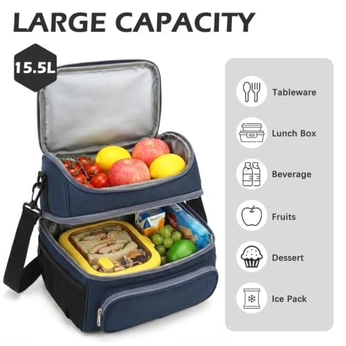 Double Layer Cooler Insulated Lunch Bag Adult Lunch Box Large Tote Bag for Men (Cyan)