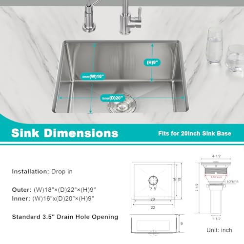 22" x 18" Undermount Kitchen Sink 18 Gauge 304 Stainless Steel