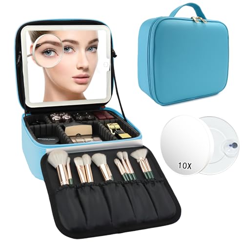 Travel Makeup Bag with LED Mirror and 10x magnifying glass with 3 Lighted Settings