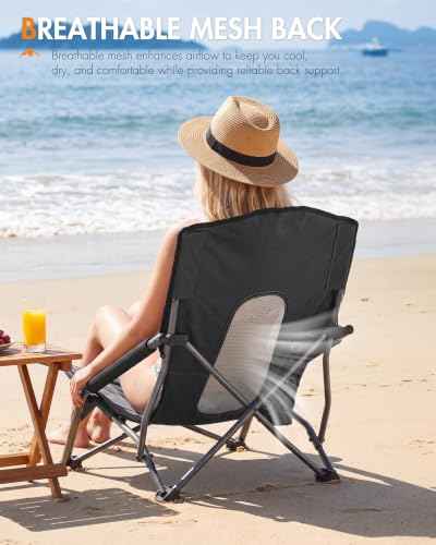 Beach Camping Folding Chairs for Adults Low Portable Chair with Cup Holder High Mesh Back for Outdoor Lawn Sand Travel Festival Concert