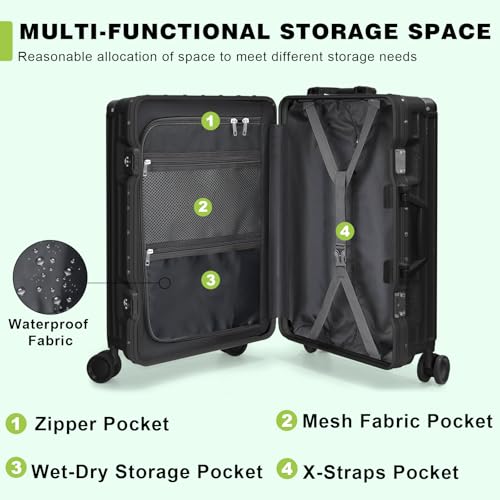 Luggage PC+ABS Aluminum Frame Zipperless Checked Luggage Hard Shell Suitcase with TSA Lock Double Spinner Wheels 24 Inch Black