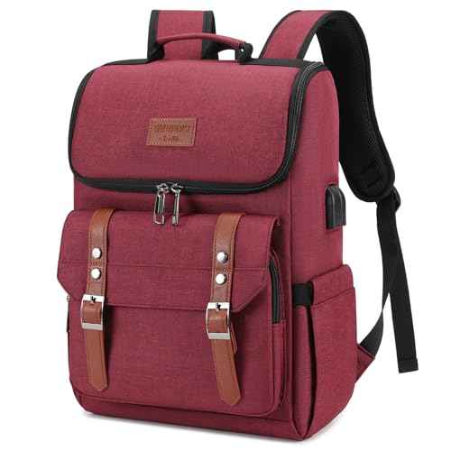 Vintage Backpack Travel Laptop Backpack with usb Charging Port for Women & Men College Backpack Fits 15.6 Inch Laptop Red Brown