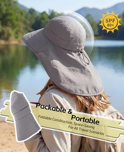 UPF 80+ Sun Hat for Men Women Wide Brim Sun Hat with Neck Flap UV Protection Safari Beach Bucket Fishing Hat Dark Grey