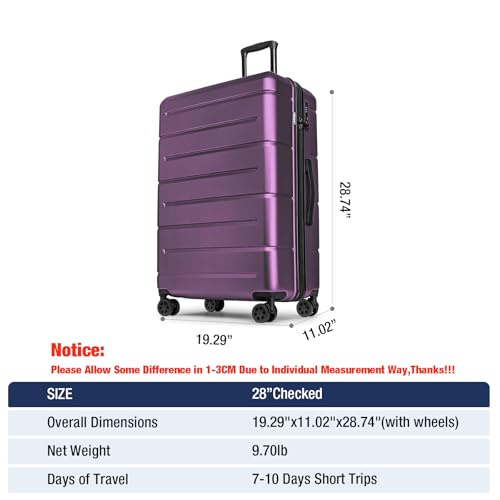Large Suitcases with Wheels Hardshell 28 Inch Luggage TSA Approved Big Checked Luggage Durable Travel Rolling Suitcase for Women Dark Purple