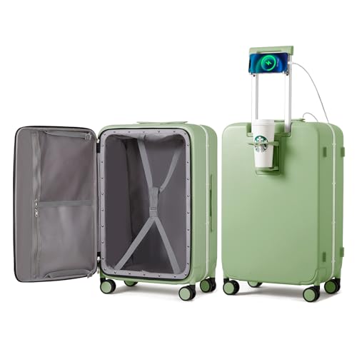Checked Luggage with Cup Phone Holder and Charger Hard Shell Suitcases with Spinner Wheels